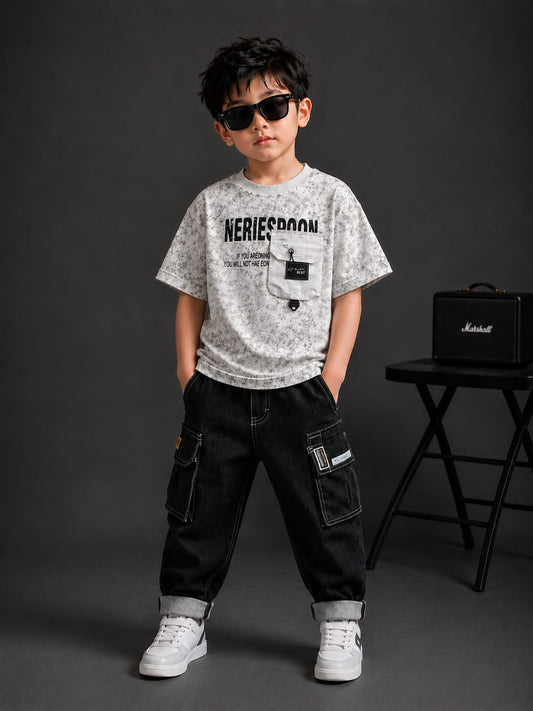 Boys White Utility Pocket Printed Oversized T-Shirt | Korean Streetwear | 5-10 Years
