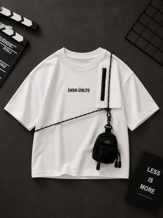 Boys White Utility Pocket T-Shirt with Mini Sling Bag | Premium Cotton Casual Tee | Age 9–11 Years