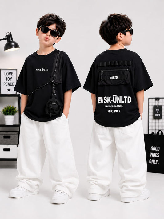 Boys Black Utility Pocket T-Shirt with Mini Sling Bag | Premium Cotton Casual Tee | Age 9–11 Years
