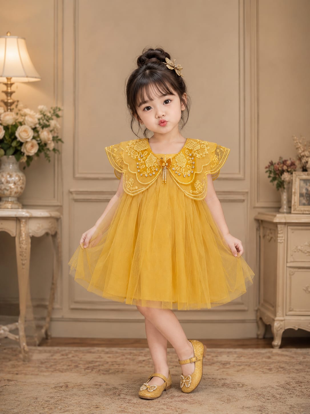 Girls Premium Mustard Yellow Princess Party Wear Frock with Embroidered Cape Collar | Birthday & Wedding Dress | Size 18–22