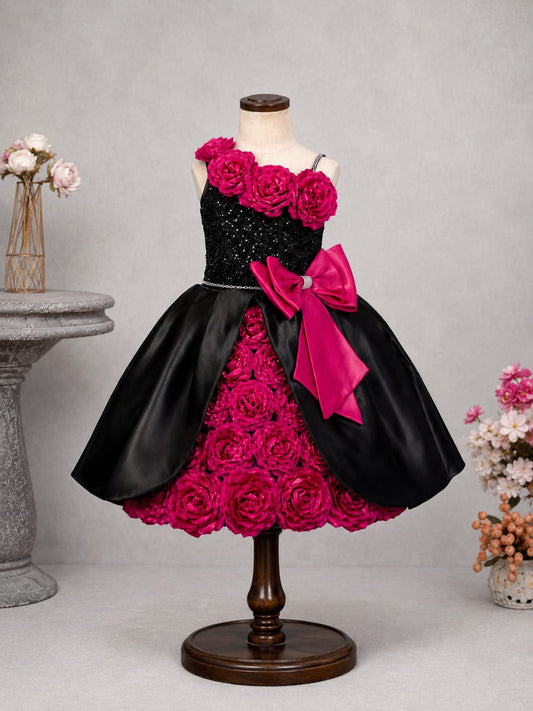 Girls Premium Black & Fuchsia Floral Party Wear Frock – Designer Princess Dress | Size 16–20