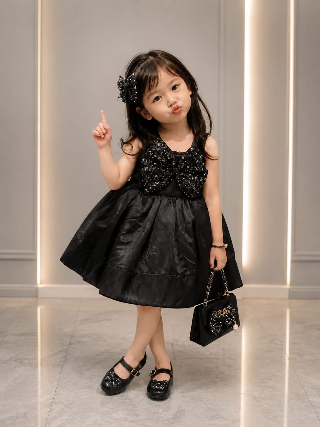 Product Title Girls Premium Black Party Wear Frock – Designer Satin Princess Dress with Sequin Bow | Size 18–22