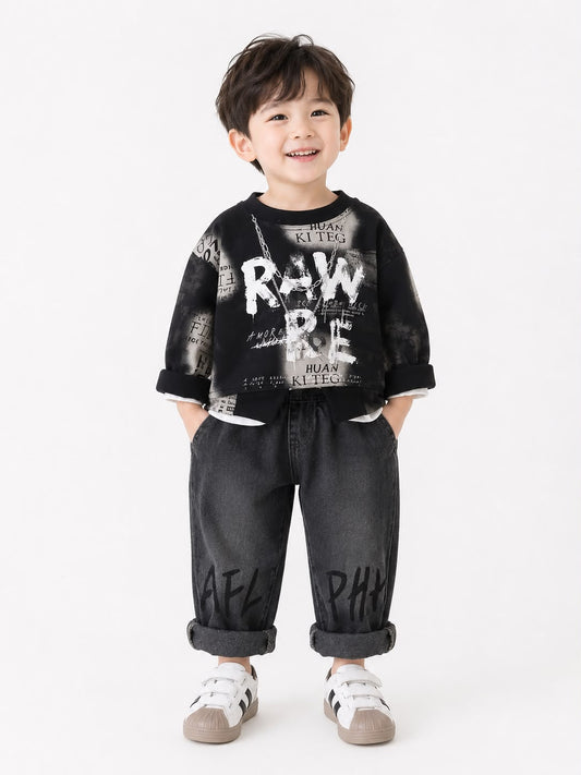 Product Title Boys Premium 2 Pcs Casual Cord Set – Black Printed Sweatshirt & Denim Pants | Size 18–26