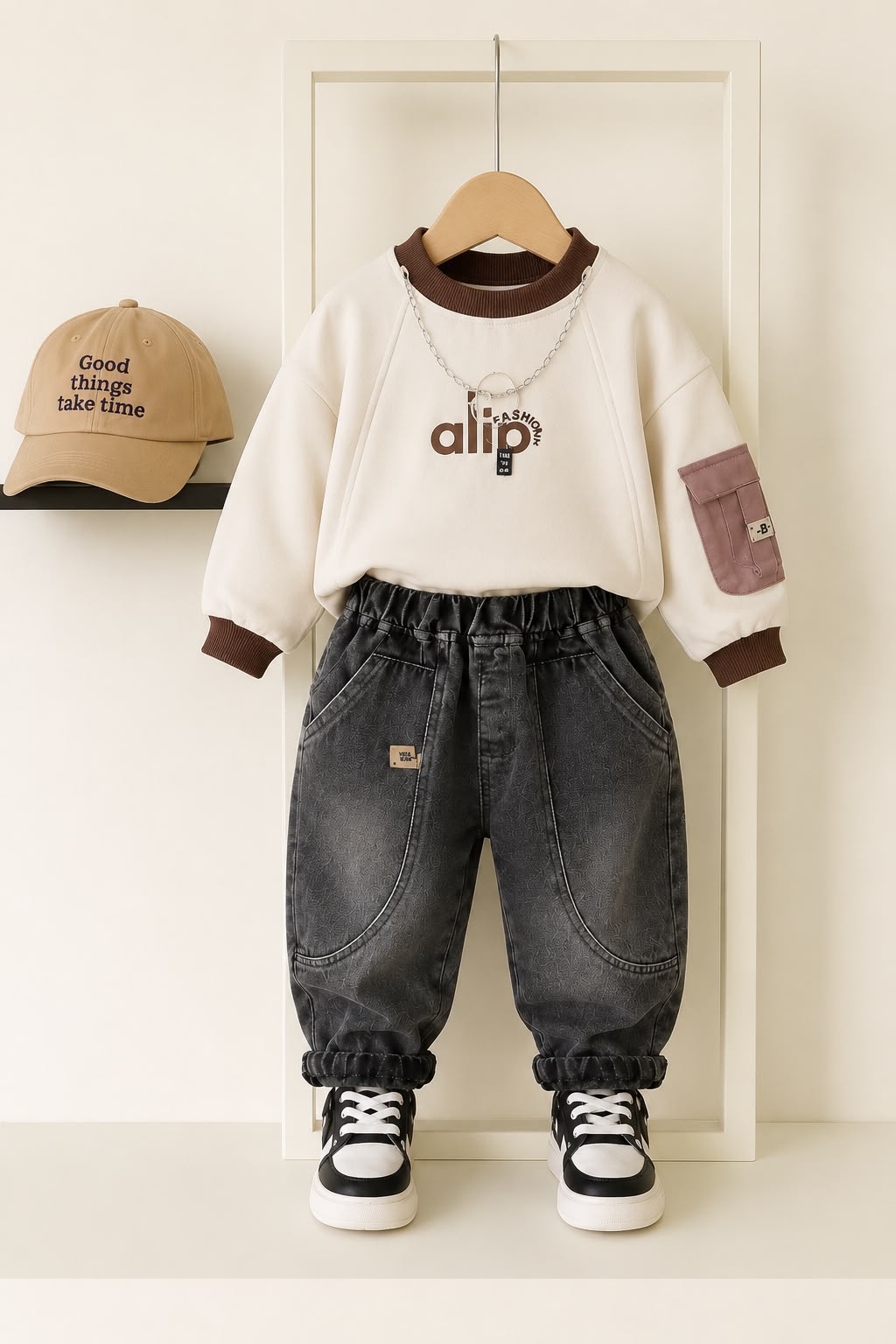 Product Title Boys Premium 2 Pcs Casual Cord Set – Cream Printed Sweatshirt & Black Denim Jogger Pants | Size 18–26