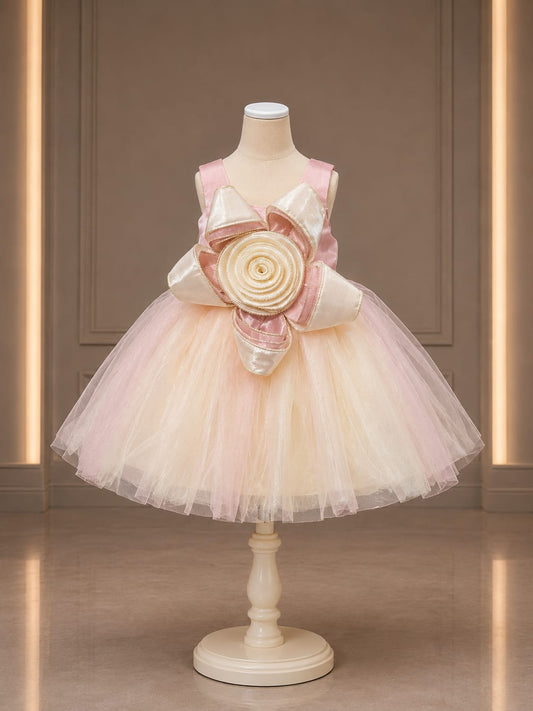 Girls Premium Peach Party Wear Frock with 3D Floral Bow | Birthday & Wedding Dress | Size 18–22