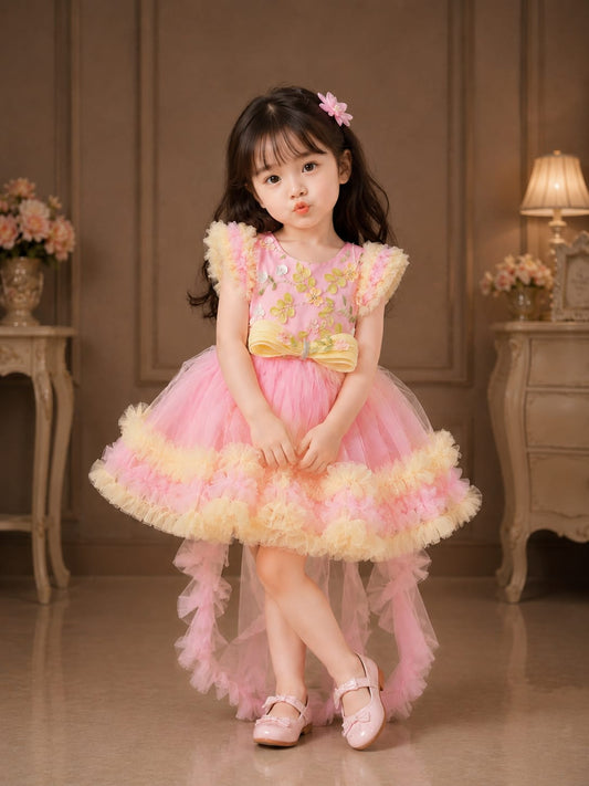 Girls Premium Pink High-Low Party Wear Frock with Floral Embroidery | Birthday & Wedding Dress | Size 16–22