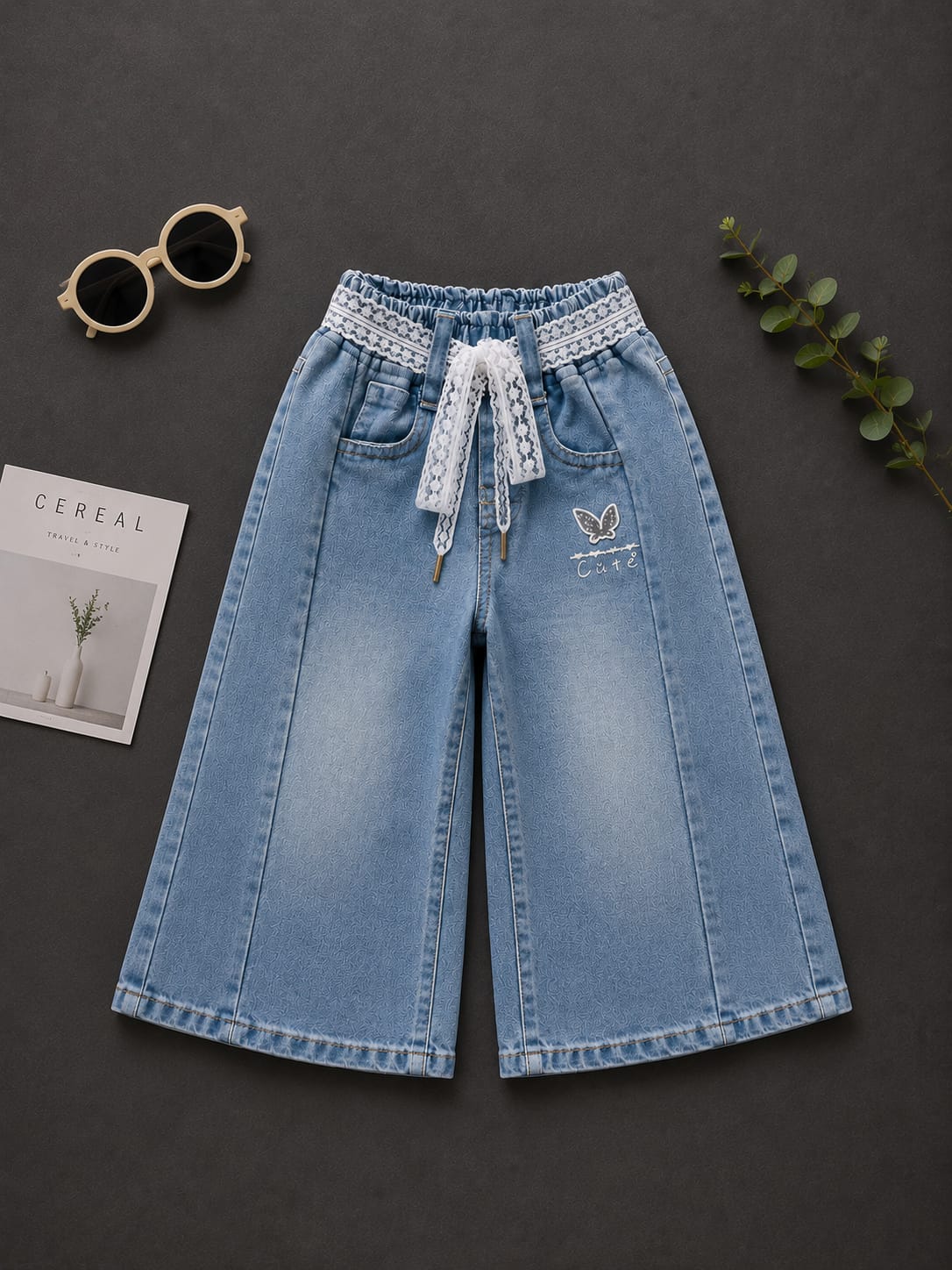 Girls Premium Light Blue Wide Leg Denim Culottes | Lace Waist Kids Jeans | Size 18–20
