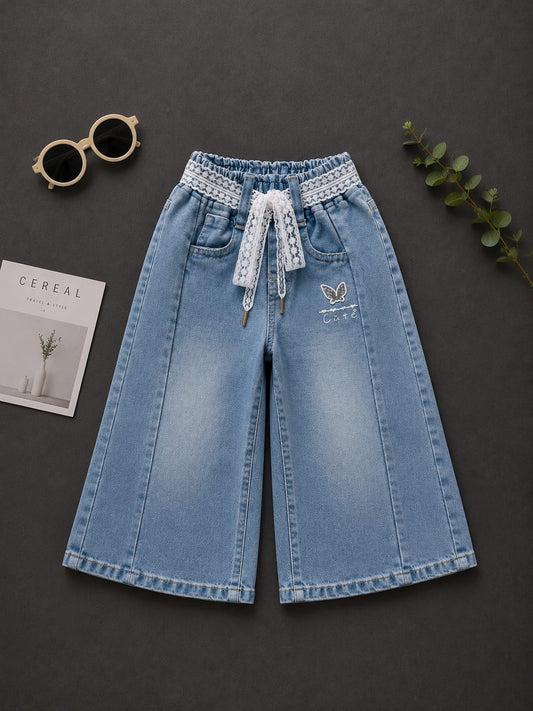 Girls Premium Light Blue Wide Leg Denim Culottes | Lace Waist Kids Jeans | Size 18–20