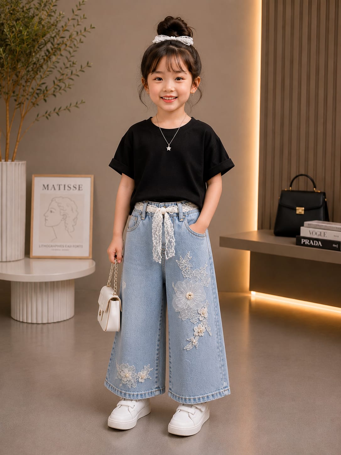 Girls Light Blue Floral Embroidered Wide Leg Denim Jeans | Premium Fashion Jeans | Size 20–26