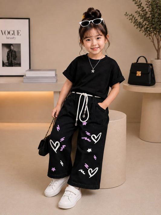 Girls Black Heart Print Wide Leg Denim Jeans | Premium Casual Fashion Jeans | Size 22–30