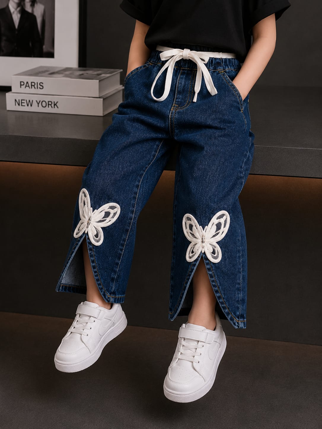 Girls Dark Blue Butterfly Applique Wide Leg Denim Jeans | Premium Fashion Jeans | Size 18–24