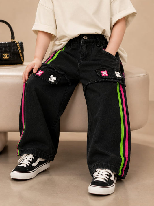 Girls Black Wide Leg Designer Denim Jeans | Neon Side Stripe Cargo Style Jeans | Size 24–36