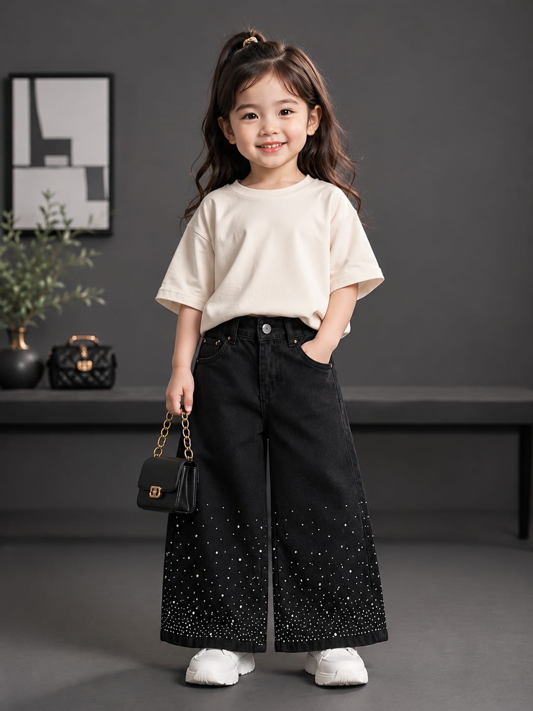 Girls Black Rhinestone Wide Leg Denim Jeans | Premium Party Wear Fashion Jeans | Size 20–22