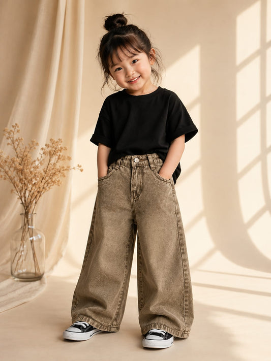 Kids Premium Khaki Wide Leg Denim Jeans | Trendy Baggy Fit | Unisex Casual Jeans | Size 18–24
