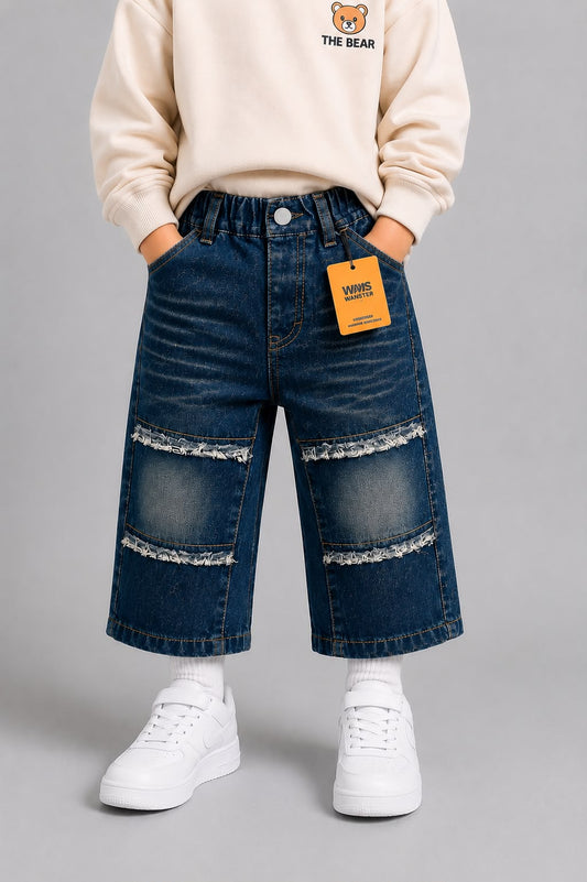 Wanster Kids Dark Blue Distressed Patch Denim Jeans | Premium Boys Casual Wear | Size 18–26