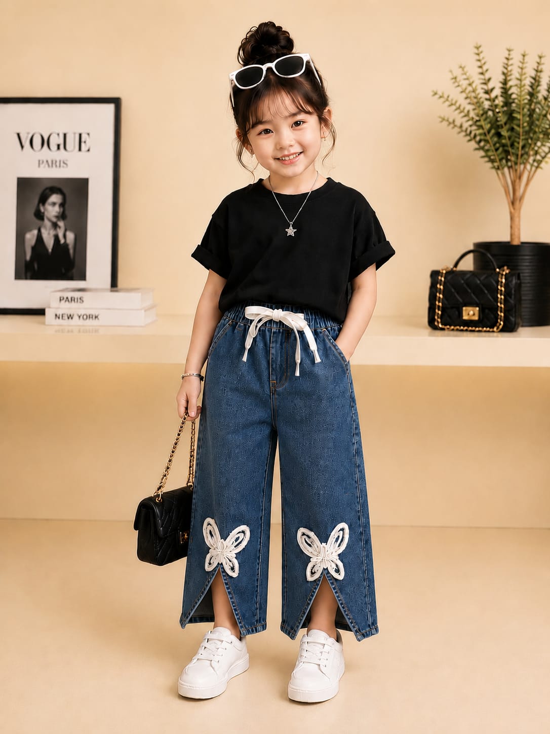 Girls Dark Blue Butterfly Applique Wide Leg Denim Jeans | Premium Fashion Jeans | Size 18–24