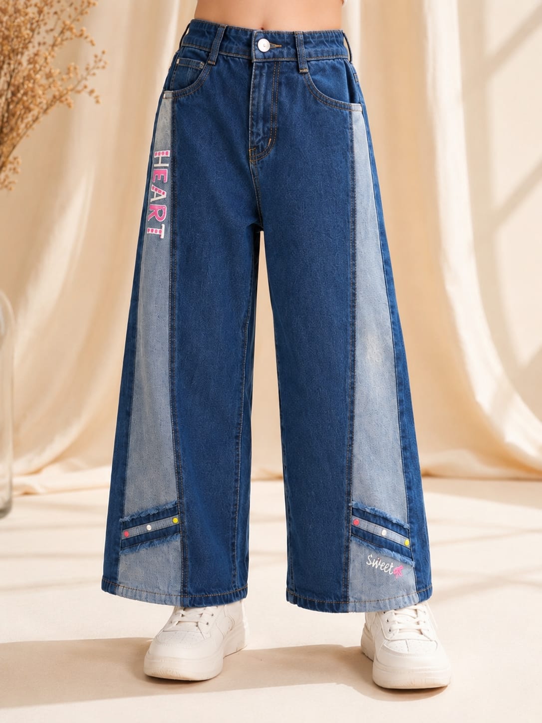 Girls Dark Blue Wide Leg Denim Jeans with Contrast Panel Design | Premium Girls Jeans | Size 24–36