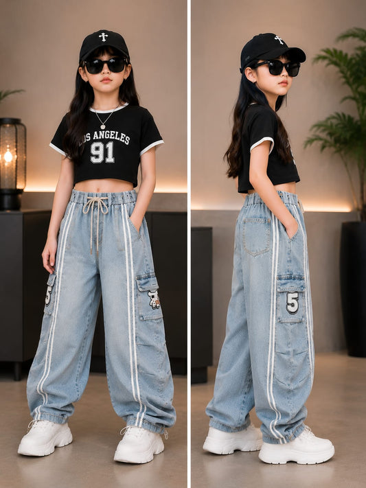 Girls Light Blue Cargo Wide Leg Denim Jeans | Premium Kids Fashion | Size 24–36