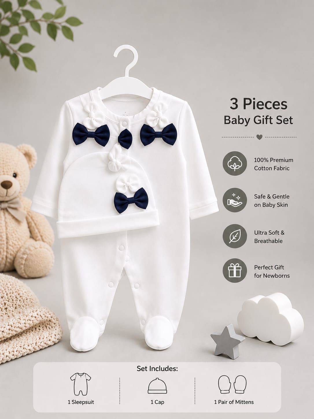 Premium Baby Boy 3-Piece Romper Set with Cap & Mittens | Soft Cotton | White | 3–12 Months