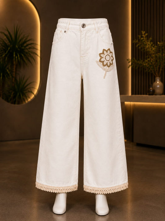 Girls White Floral Embroidered Wide Leg Denim Jeans | Premium Kids Fashion | Size 26–36