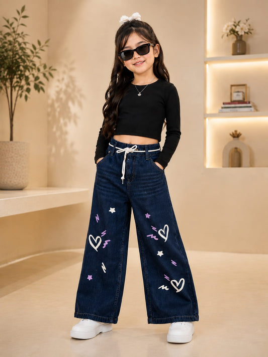 Girls Dark Blue Heart Print Wide Leg Denim Jeans | Premium Kids Fashion | Size 22–30