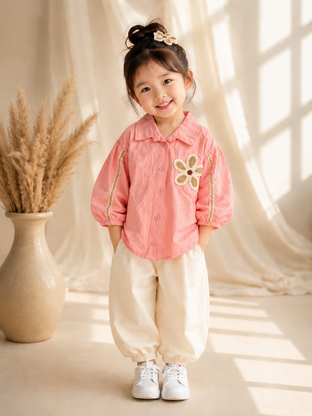 Girls Pink Floral Applique Full Sleeve Shirt | Premium Kids Cotton Top | Size 18–26