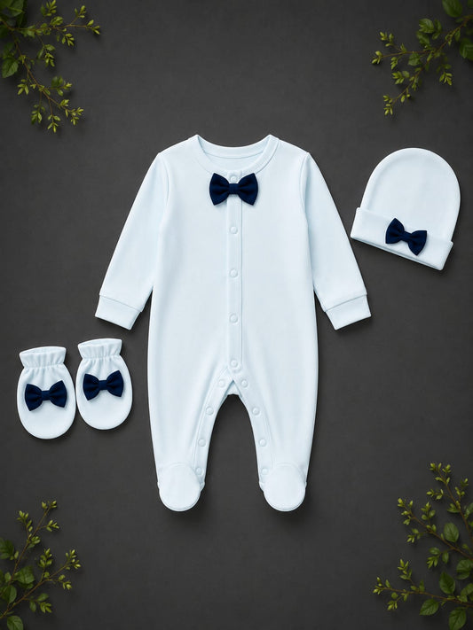 Premium Baby Boy 3-Piece Romper Set with Cap & Mittens | Sky Blue | Soft Cotton | 3–12 Months