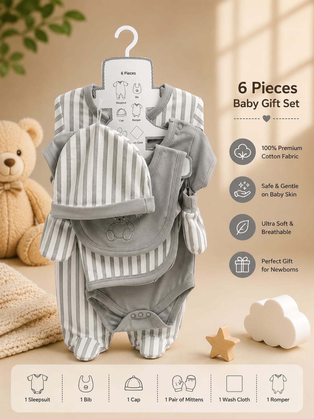 Premium Newborn 6-Piece Baby Clothing Gift Set | Soft Cotton | 0–6 Months | Unisex