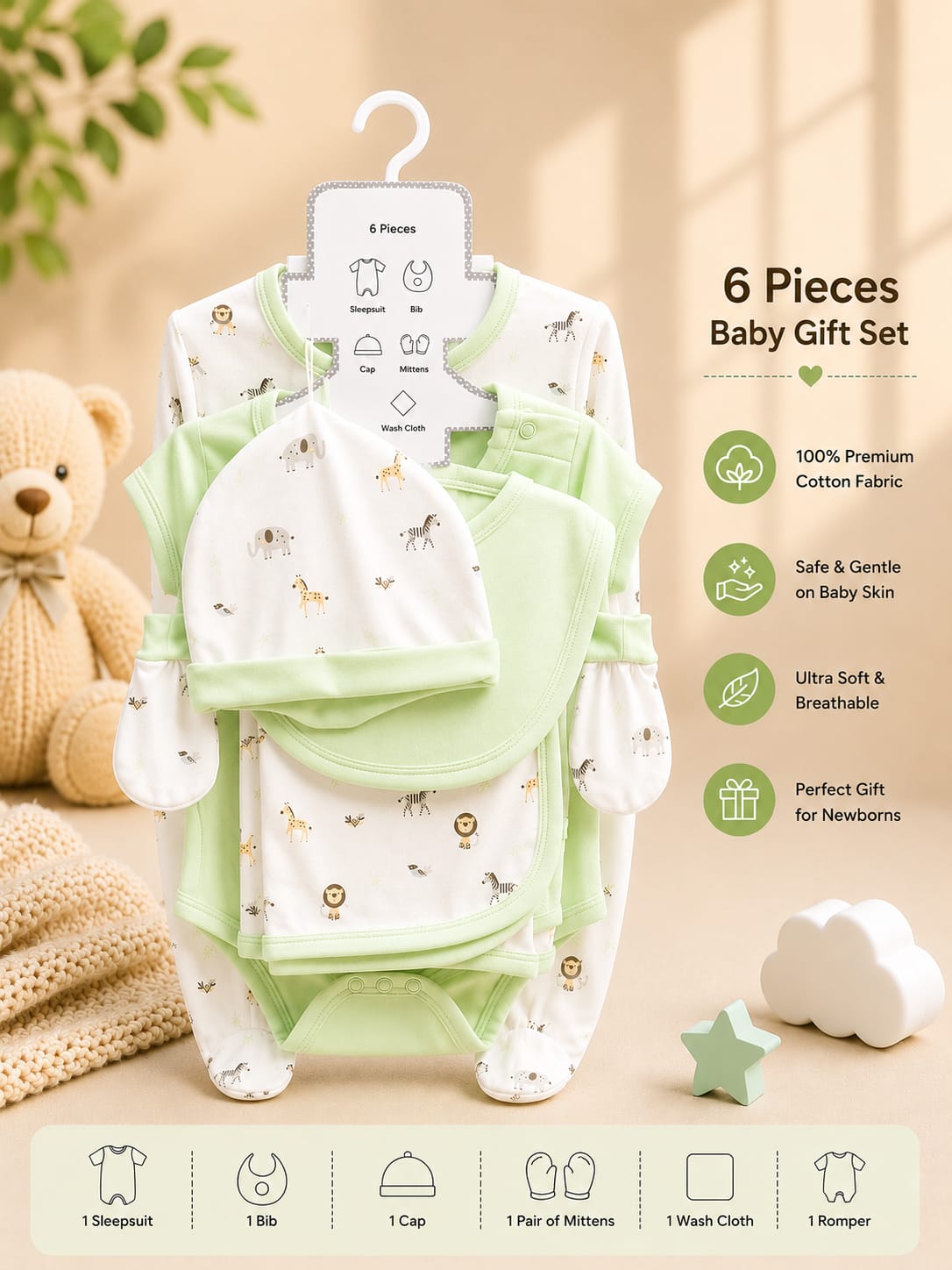 Premium Newborn 6-Piece Baby Clothing Gift Set | Soft Cotton | Safari Print | 0–6 Months | Unisex