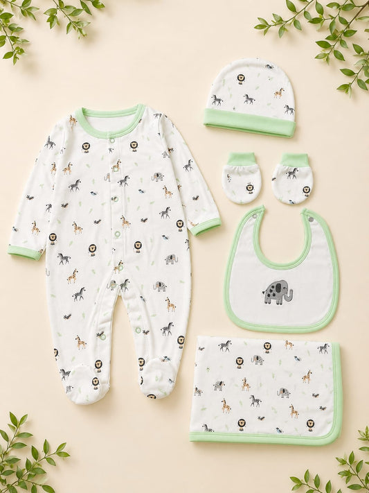 Premium Newborn 6-Piece Baby Clothing Gift Set | Soft Cotton | Safari Print | 0–6 Months | Unisex