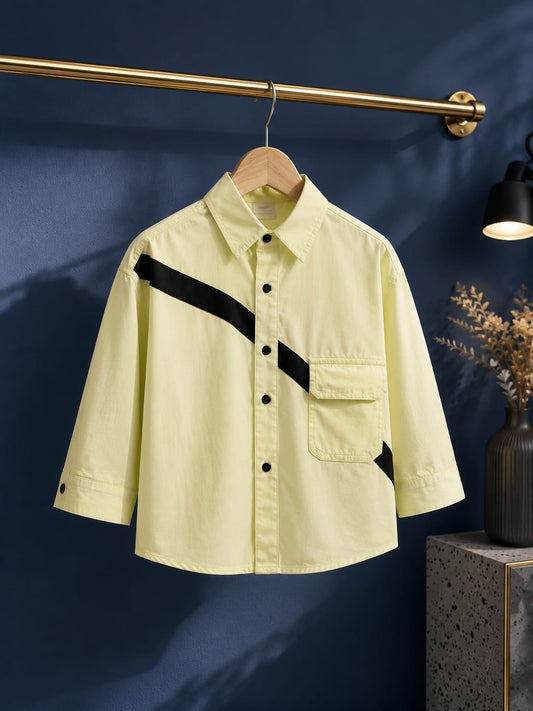 Boys Premium Lemon Yellow Cotton Shirt with Black Stripe – Korean Style Casual Shirt | 2–7 Years