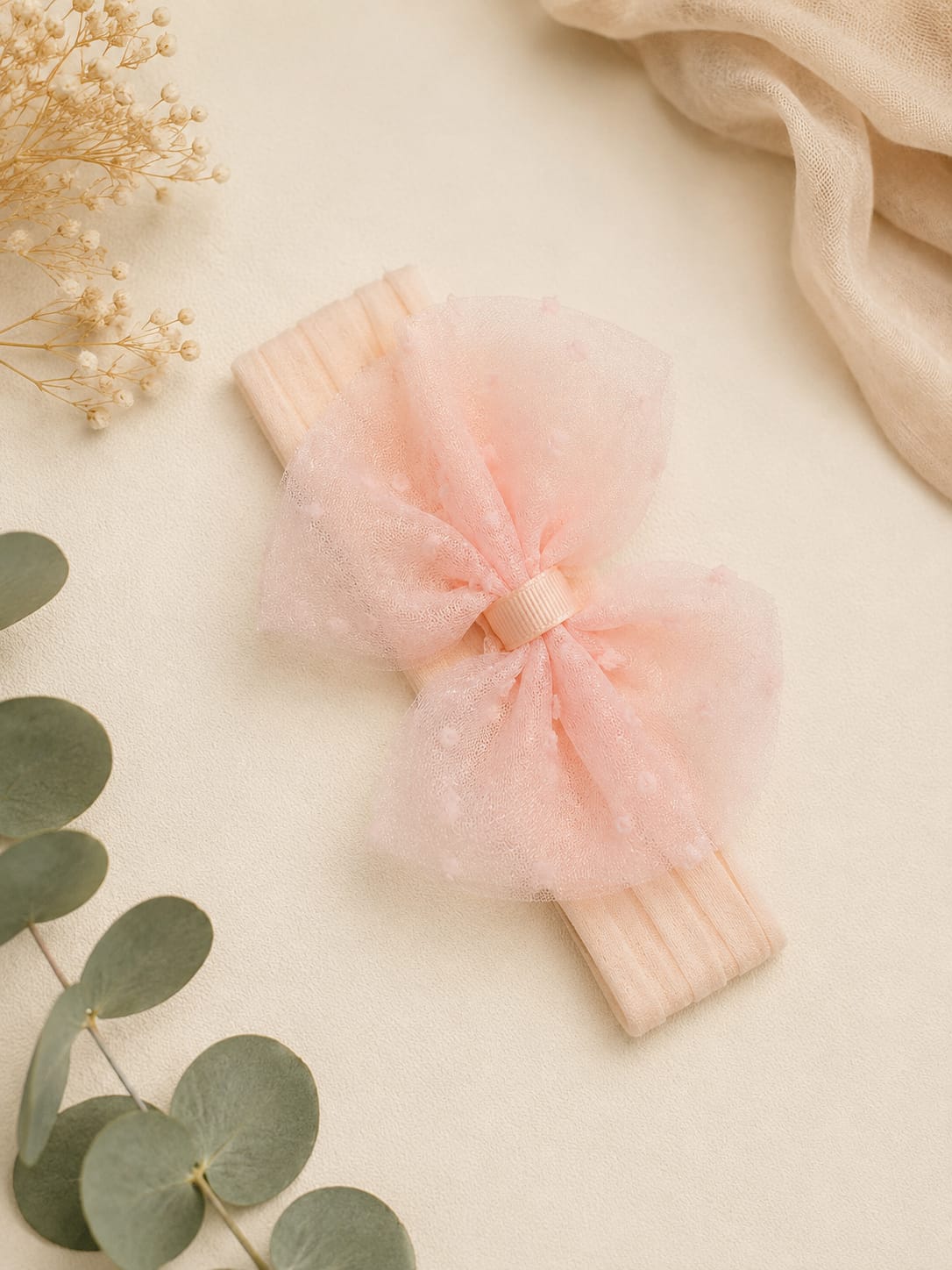 Baby Girl Premium Peach Bow Headband | Soft Stretch Nylon Hair Band | Elegant Mesh Bow Headwrap for Newborn & Infant (0–24 Months)
