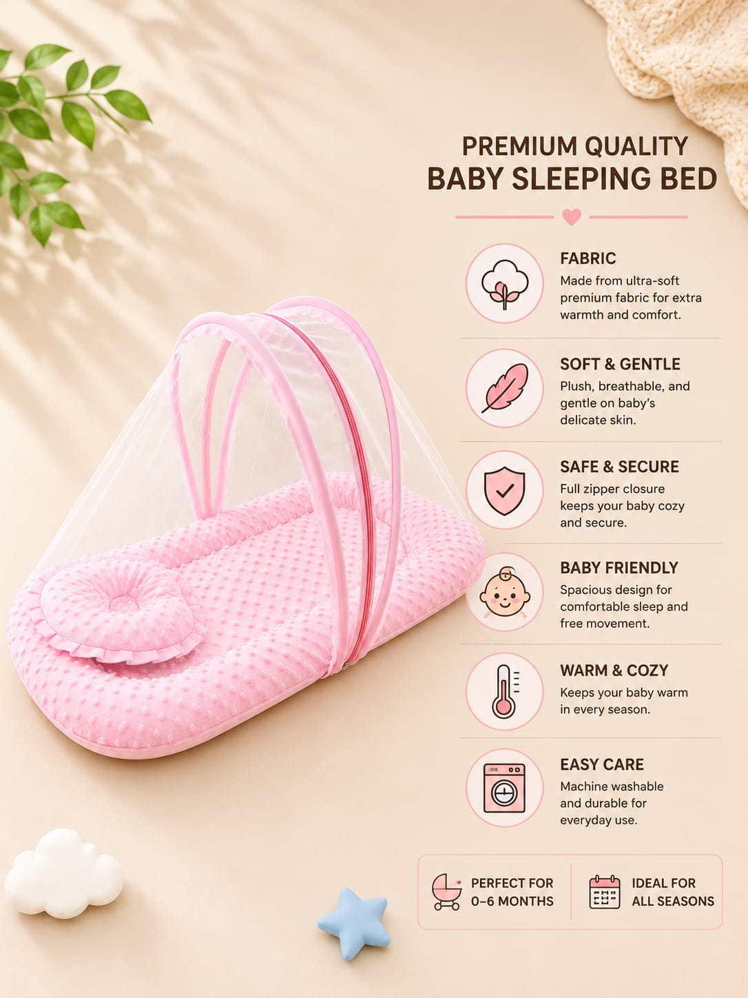 Premium Foldable Baby Bed with Mosquito Net | Ultra Soft Minky Baby Nest | Portable Newborn Sleeping Bed | 0–12 Months | Pink