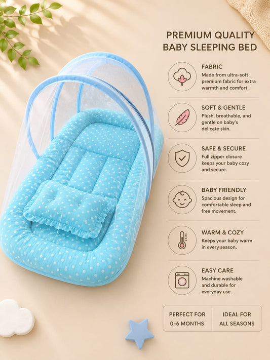 Premium Foldable Baby Bed with Mosquito Net | Soft Cushioned Portable Baby Nest | Newborn Sleeping Bed | Sky Blue | 0–12 Months
