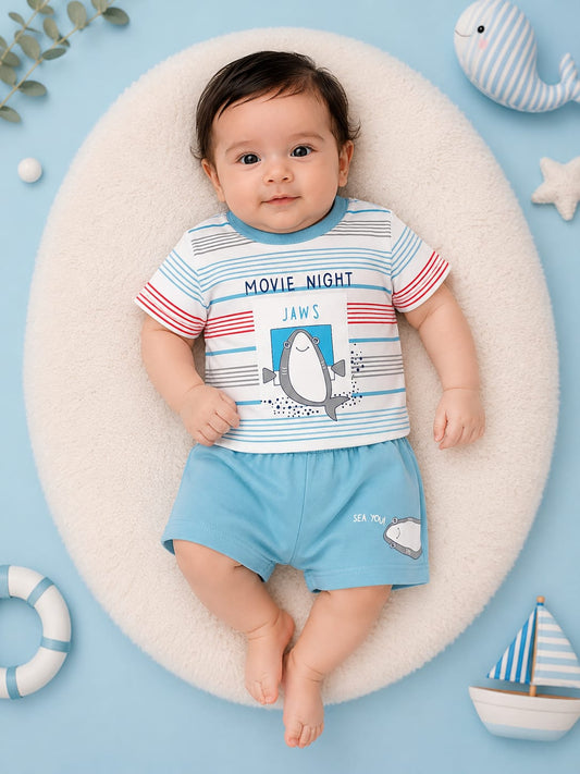 Baby Boys Cotton T-Shirt & Shorts Co-Ord Set | Soft Summer Outfit | Shark Print | Sky Blue | 3–9 Months
