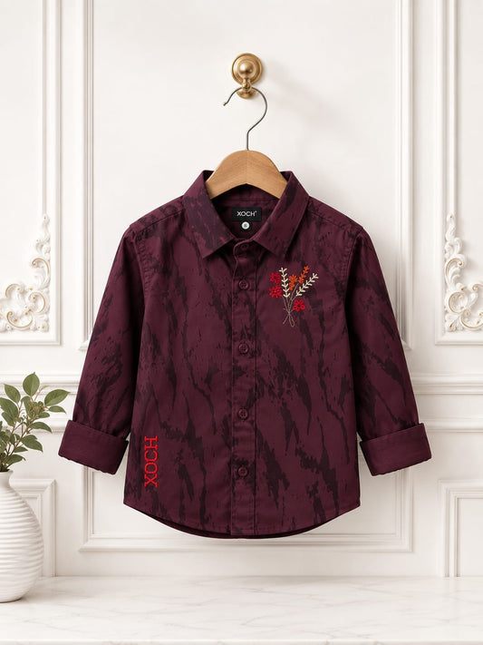 Boys Maroon Floral Embroidered Casual Shirt | Premium Cotton Blend | 1–5 Years
