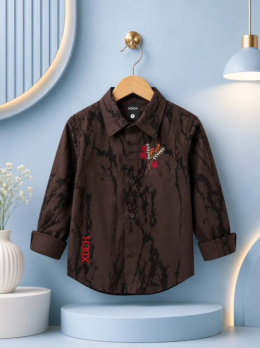 Boys Premium Brown Printed Embroidered Cotton Shirt | Casual Party Wear (1–5 Years)
