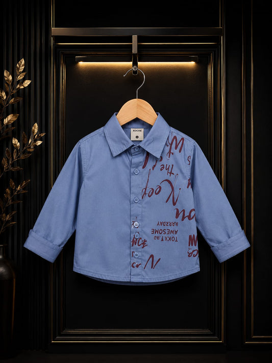 Boys Sky Blue Printed Casual Cotton Shirt | Premium Korean Style | 1-5 Years
