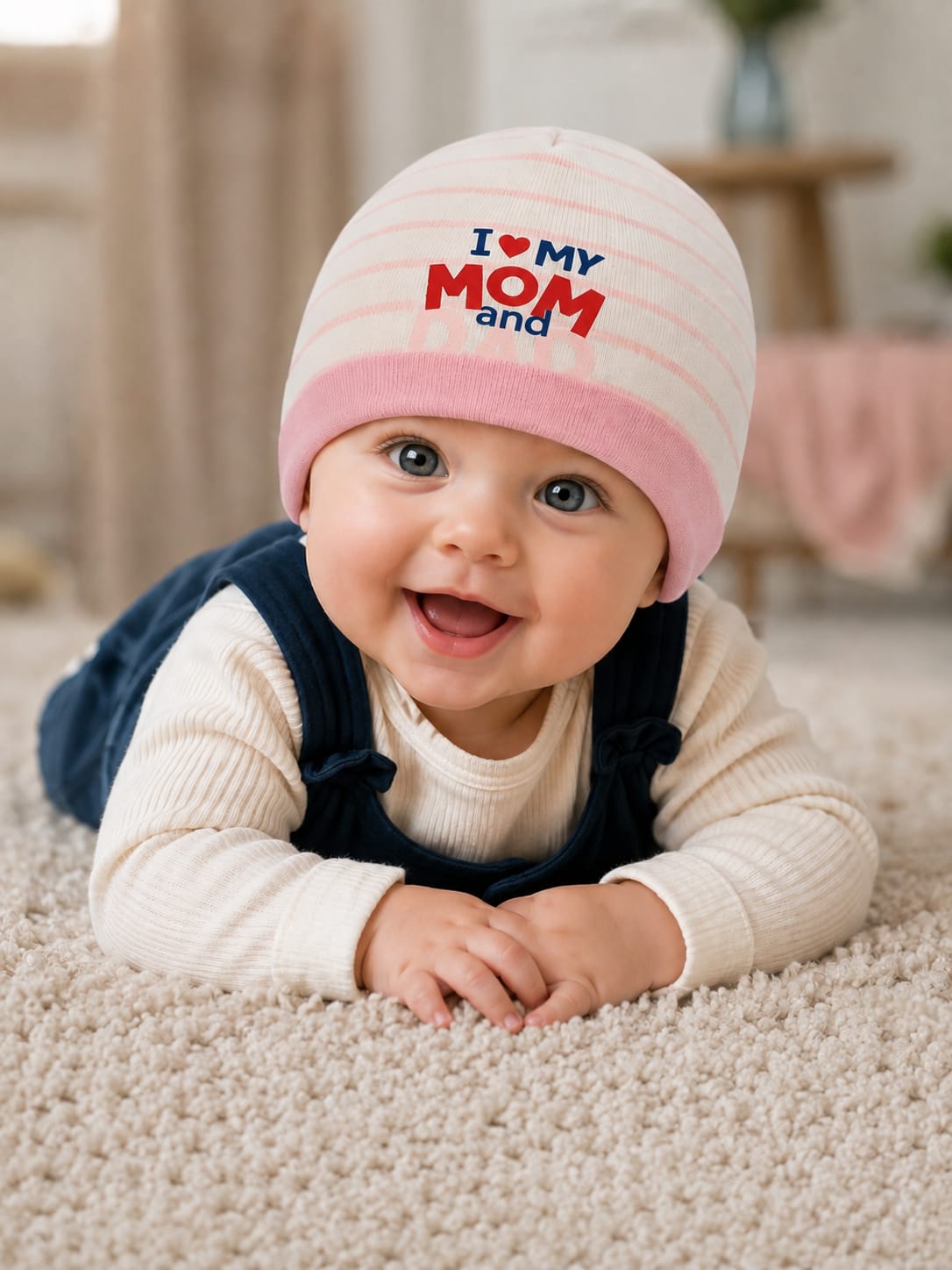 Newborn Baby Cotton Cap – "I ❤️ My Mom and Dad" Printed Soft Beanie Cap (0–3 Months)