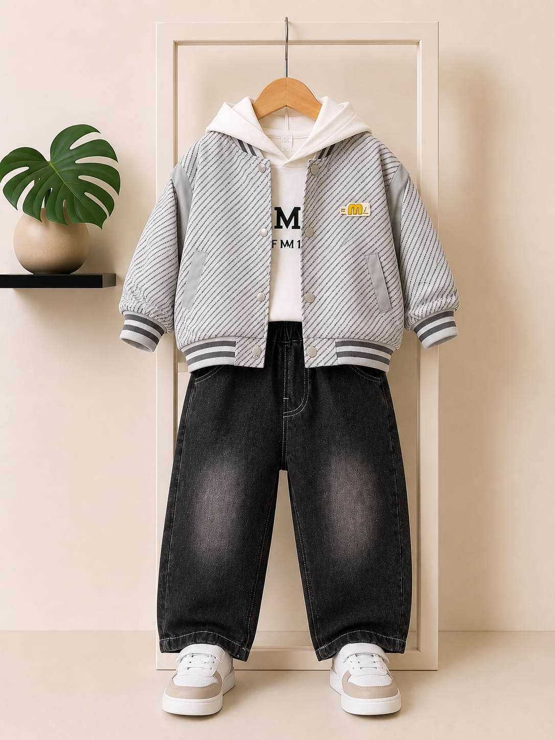 Boys 3-Piece Winter Cord Set – Hooded T-Shirt, Jacket & Denim Pants | Premium Casual Wear (Size 18–26)