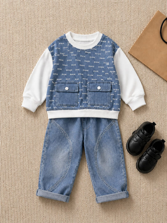 Boys Premium Denim Co-Ord Set | Printed Sweatshirt & Denim Jogger | Blue | Size 18–26