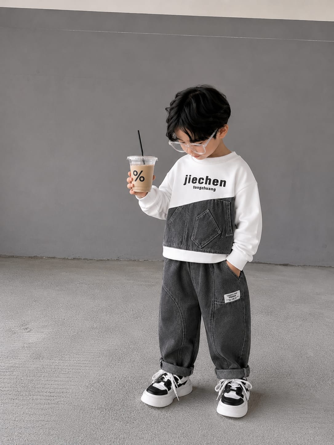 Boys Premium Black Denim Co-Ord Set | Printed Sweatshirt & Denim Jogger | Size 18–26