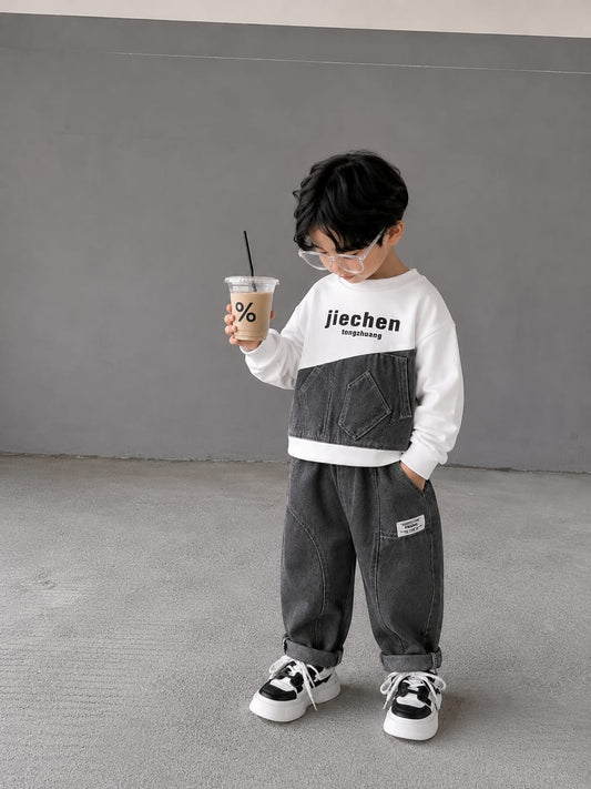 Boys Premium Black Denim Co-Ord Set | Printed Sweatshirt & Denim Jogger | Size 18–26