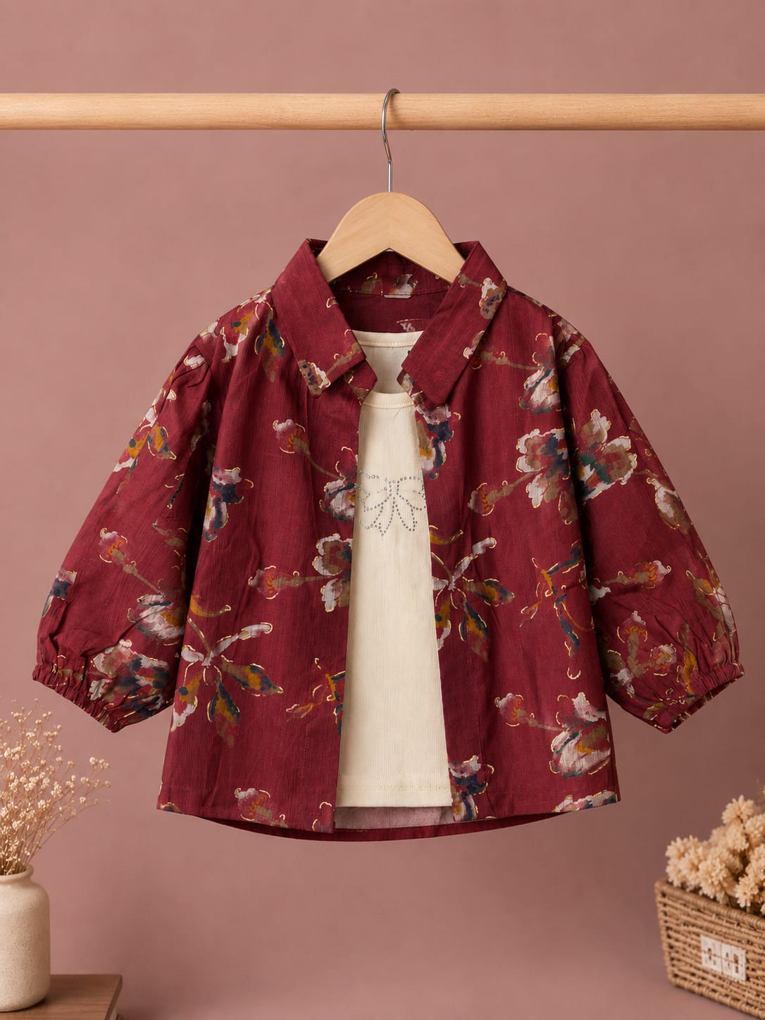 Kids Floral Printed Shirt with Inner T-Shirt Set for Boys & Girls | Premium Cotton | Size 18–26