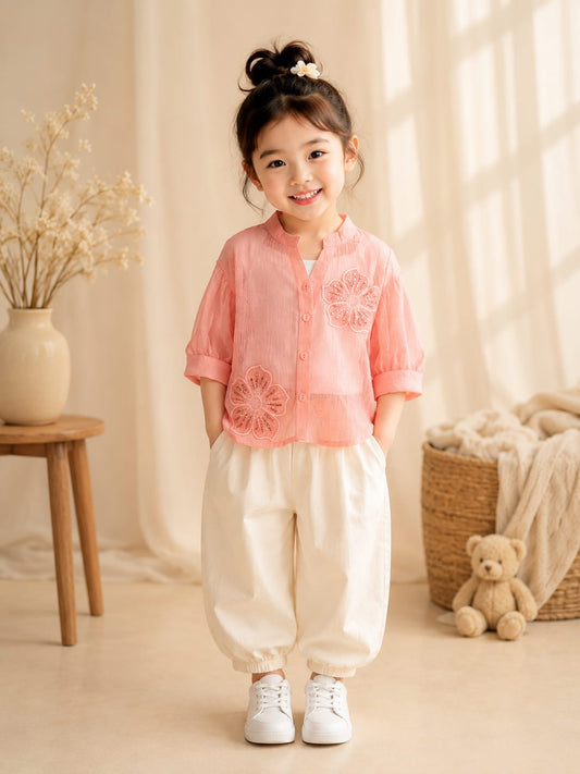 Girls Floral Embroidered Shirt with Inner T-Shirt Set | Premium Cotton 2-Piece Outfit | Size 18–26