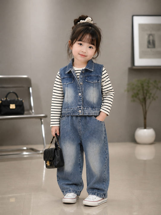 Girls 3-Piece Denim Co-Ord Set | Striped Full Sleeve Top, Denim Jacket & Jogger Jeans | Size 18–26