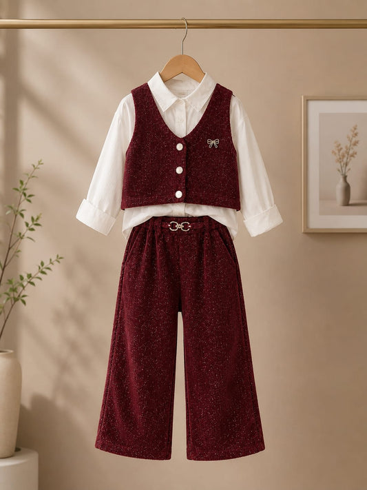Girls Premium 3-Piece Waistcoat Co-Ord Set | Shirt, Waistcoat & Pants | Wine | Size 18–26