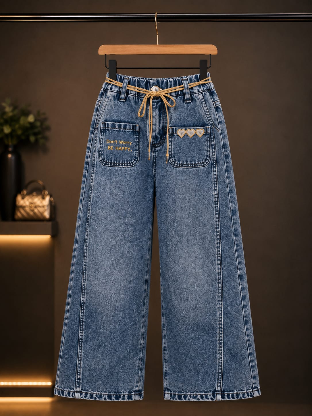 Girls Premium Wide Leg Denim Jeans with Rope Belt | Blue | Size 26–36