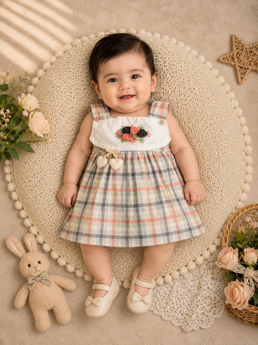 Baby Girls Checked Frock with Bloomers Set | Floral Appliqué Dress | 2-Piece Outfit | 3–9 Months