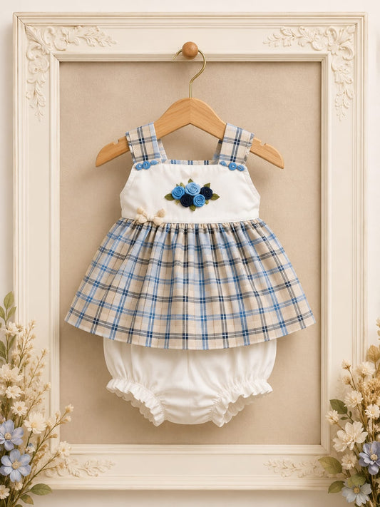 Baby Girls Blue Checked Frock with Bloomers Set | Floral Appliqué 2-Piece Outfit | 3–9 Months